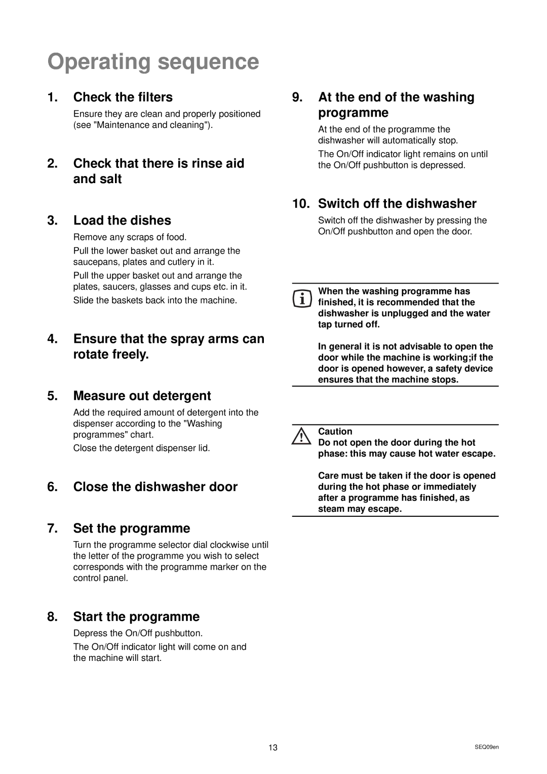 Zanussi DW 24 manual Operating sequence 