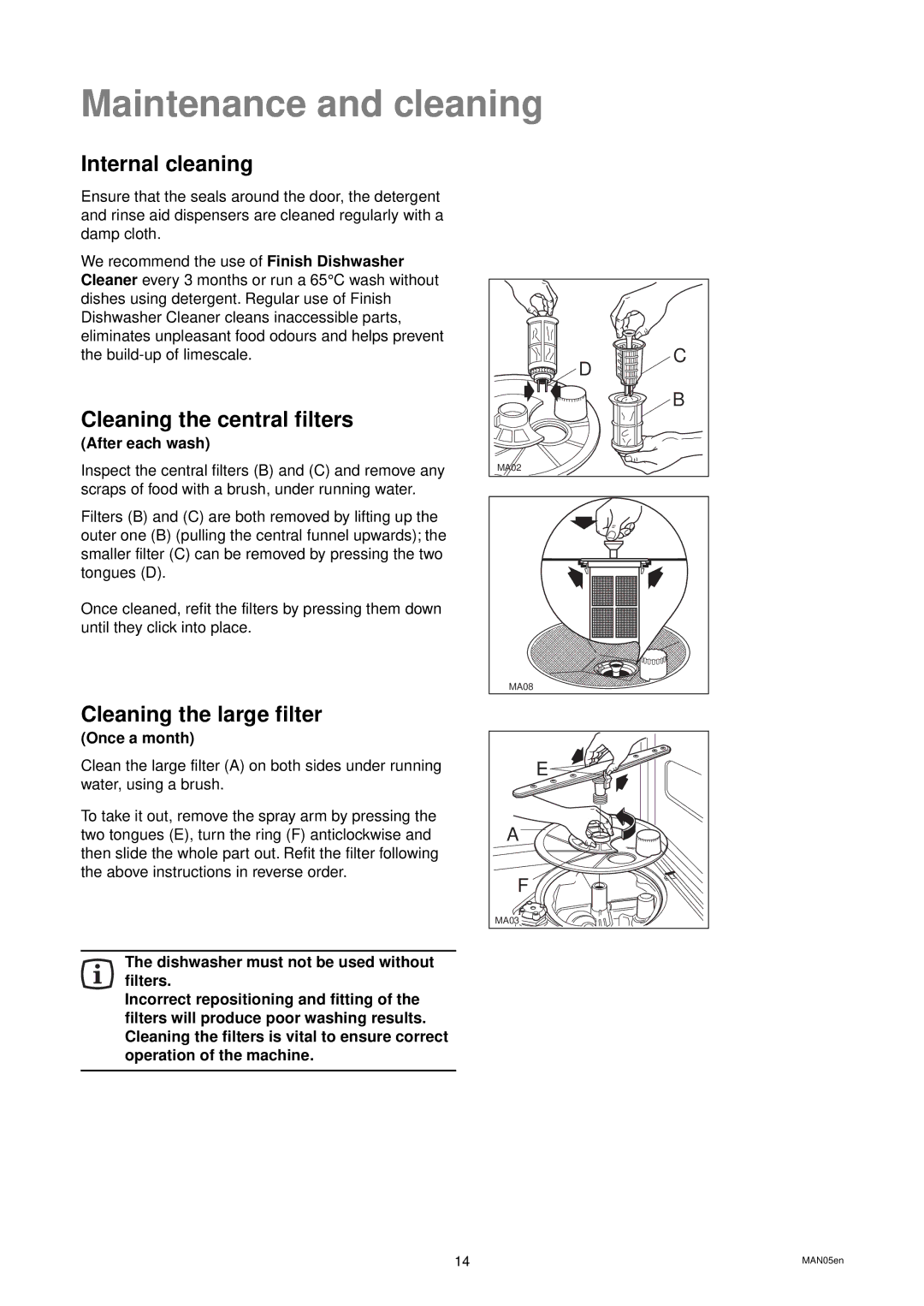 Zanussi DW 24 manual Maintenance and cleaning, Internal cleaning, Cleaning the central filters, Cleaning the large filter 