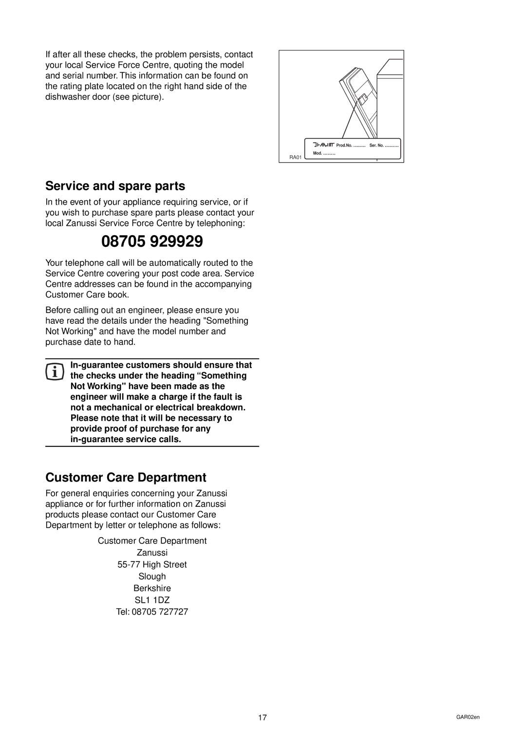 Zanussi DW 24 manual Service and spare parts, Customer Care Department 