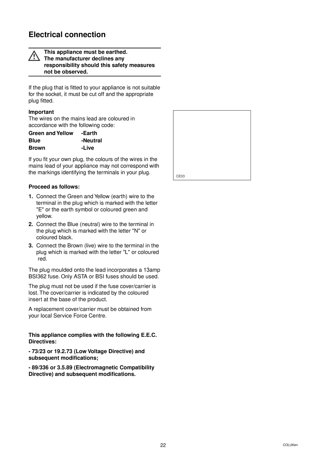 Zanussi DW 24 manual Electrical connection, Green and Yellow -Earth Blue-Neutral Brown-Live, Proceed as follows 