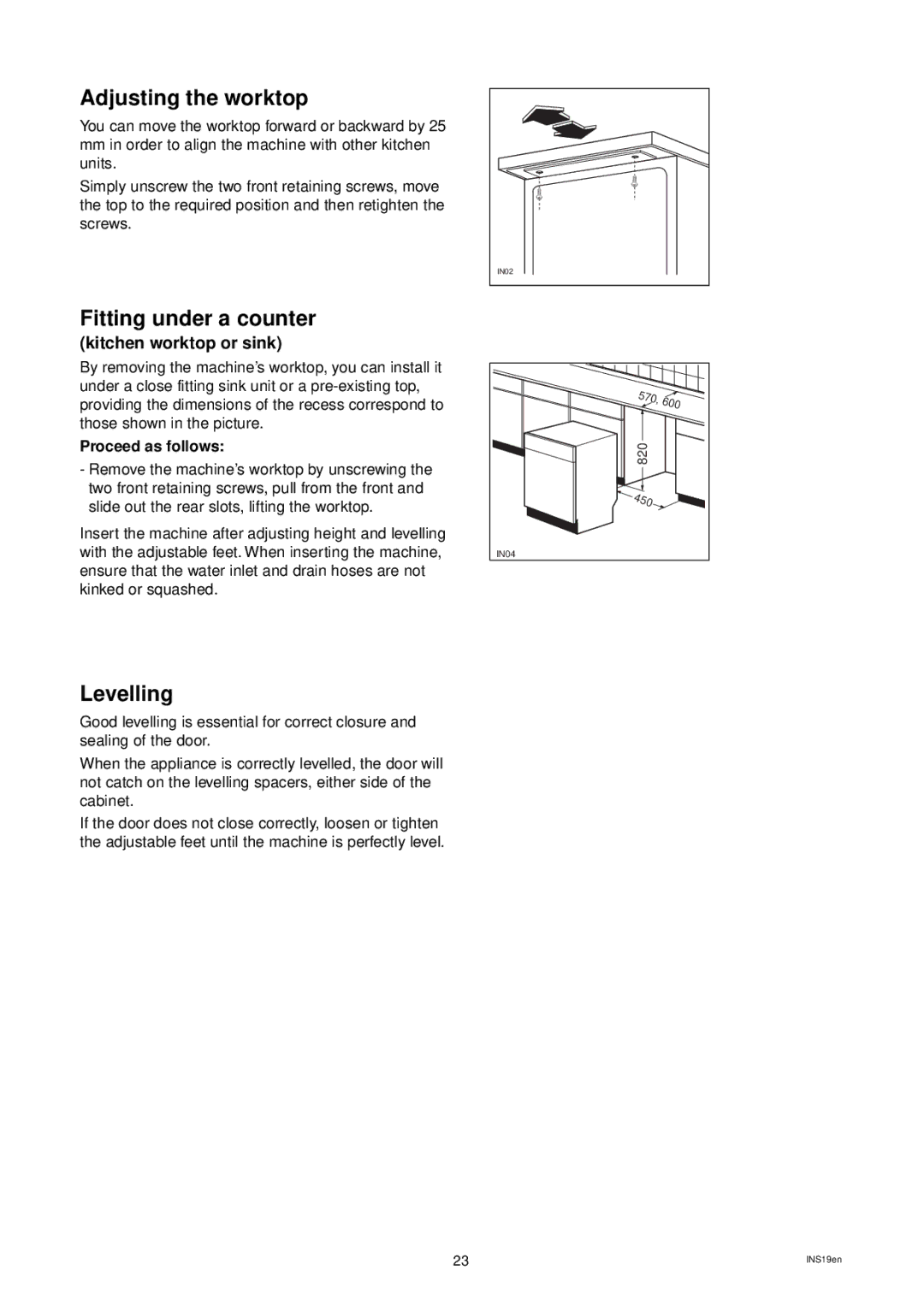 Zanussi DW 24 manual Adjusting the worktop, Fitting under a counter, Levelling 