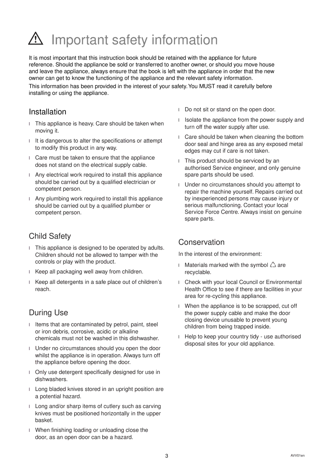 Zanussi DW 24 manual Important safety information, Installation, Child Safety, During Use, Conservation 