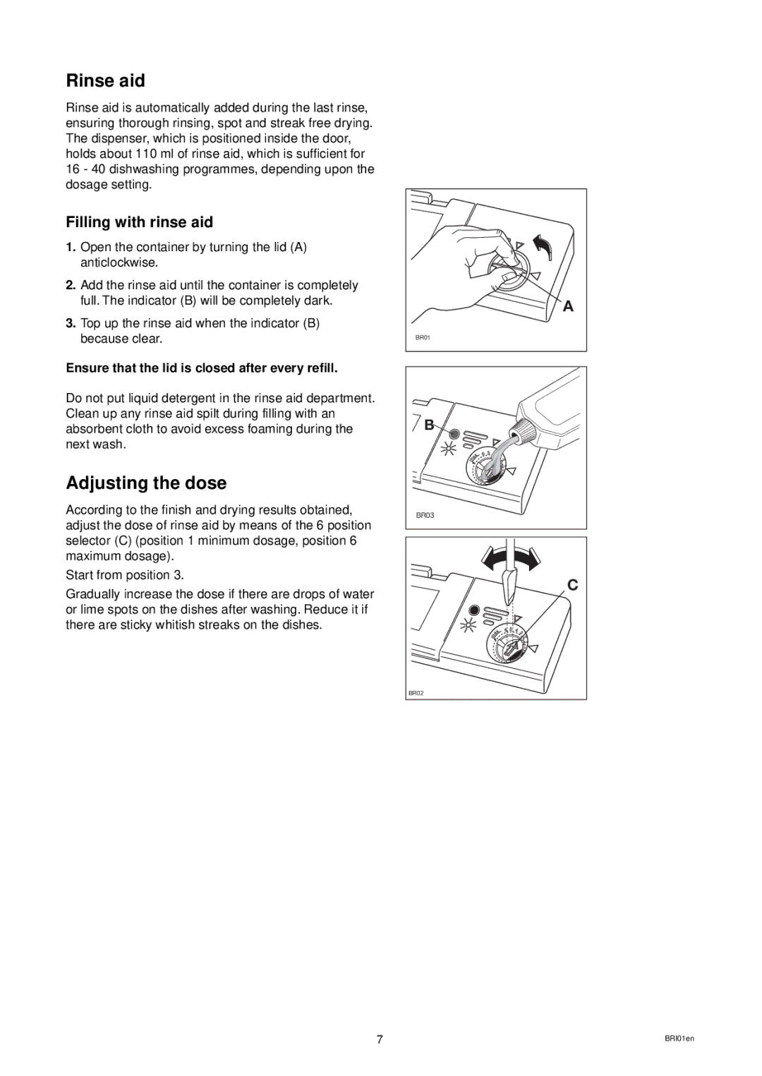 Zanussi DW 24 manual Rinse aid, Adjusting the dose, Ensure that the lid is closed after every refill 