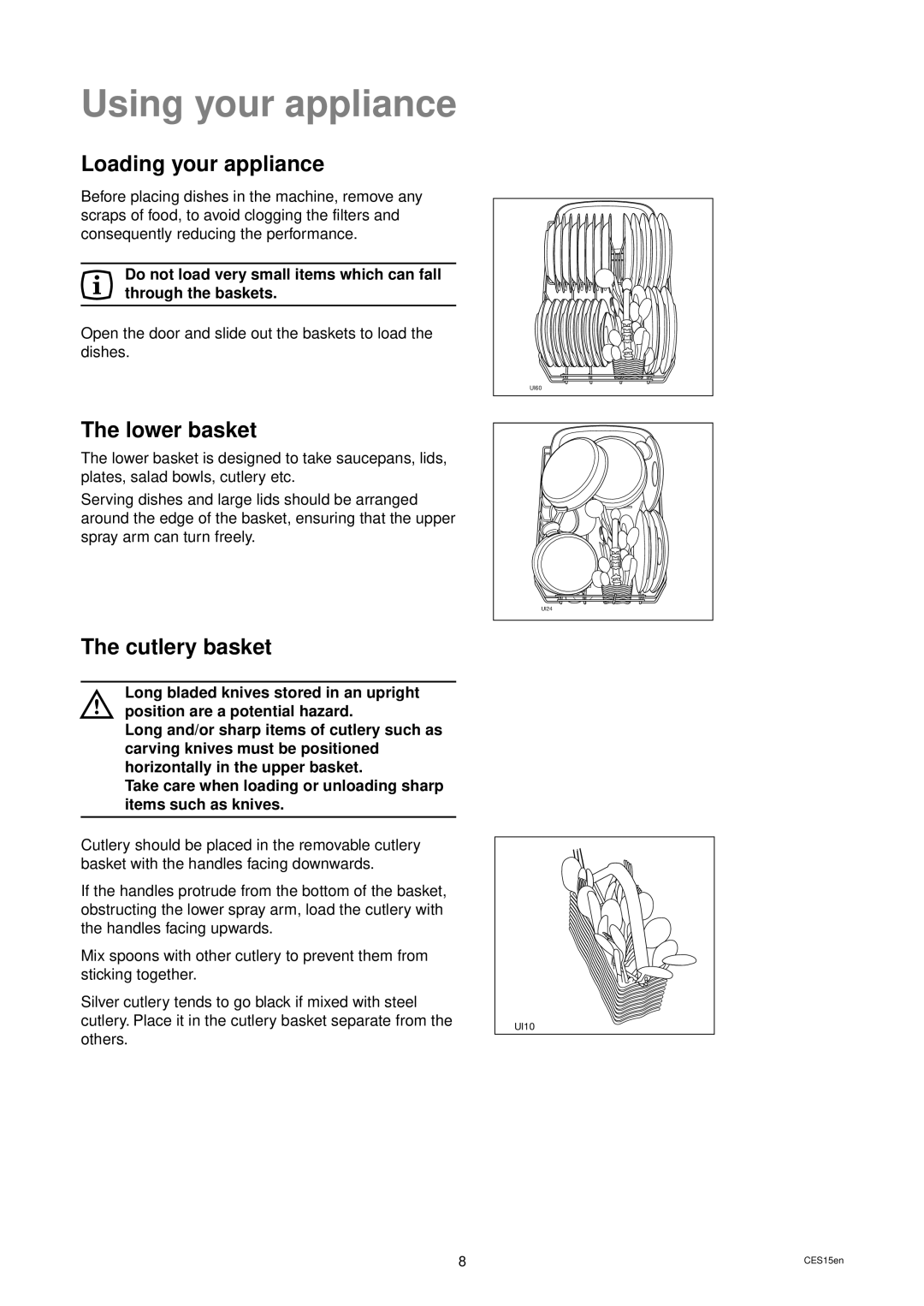 Zanussi DW 24 manual Using your appliance, Loading your appliance, Lower basket, Cutlery basket 