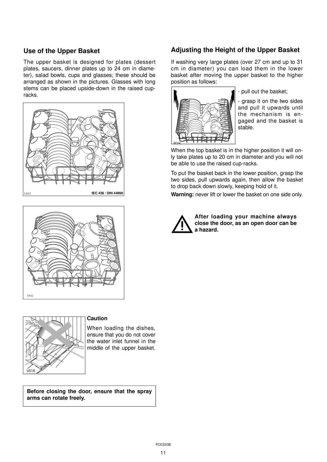 Zanussi DW 911 manual Use of the Upper Basket, Adjusting the Height of the Upper Basket 