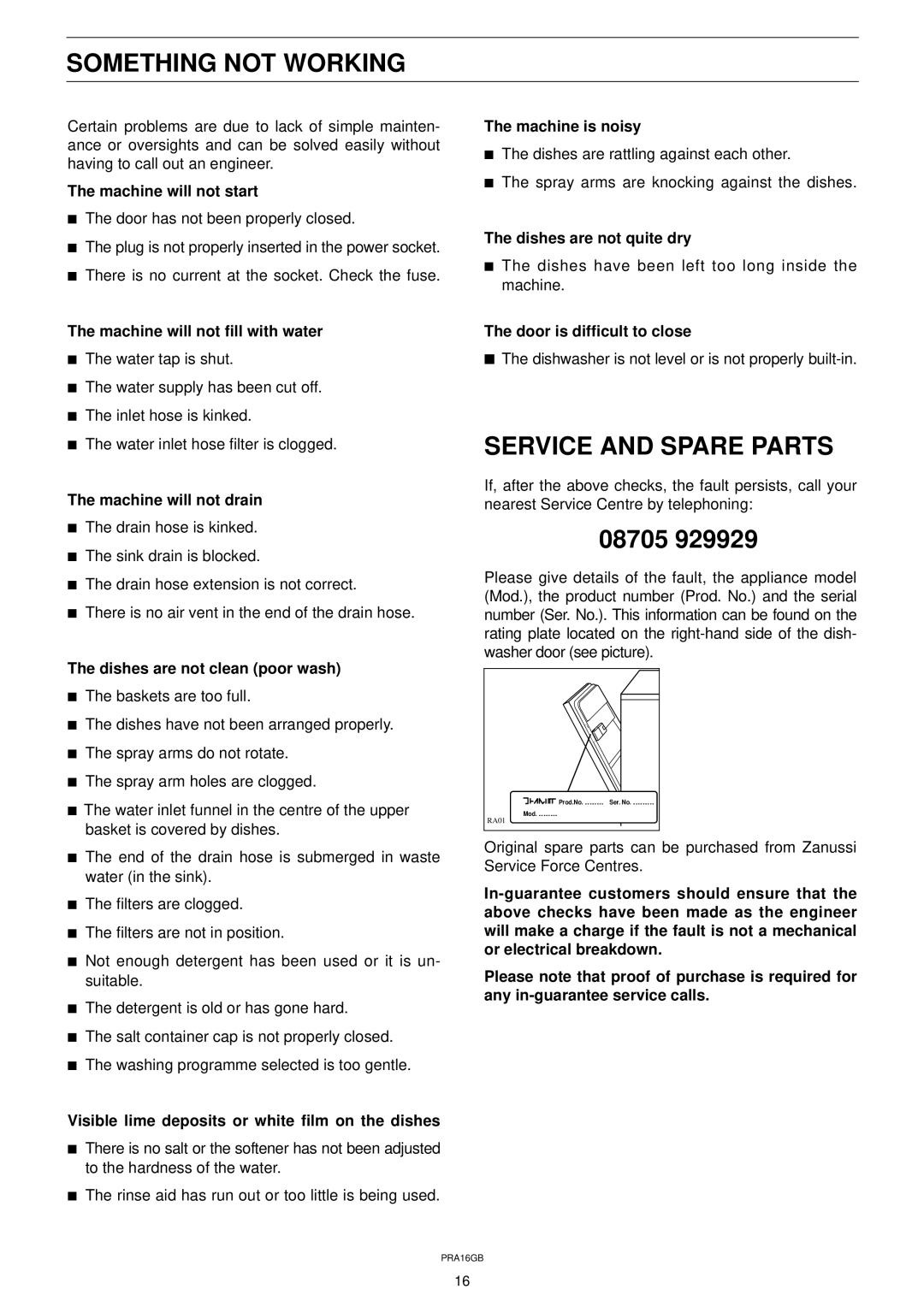Zanussi DW 911 manual Something not Working, Service and Spare Parts 