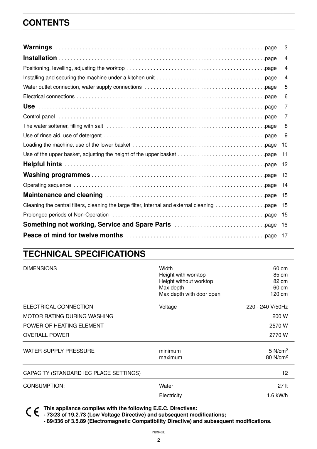 Zanussi DW 911 manual Contents, Technical Specifications 