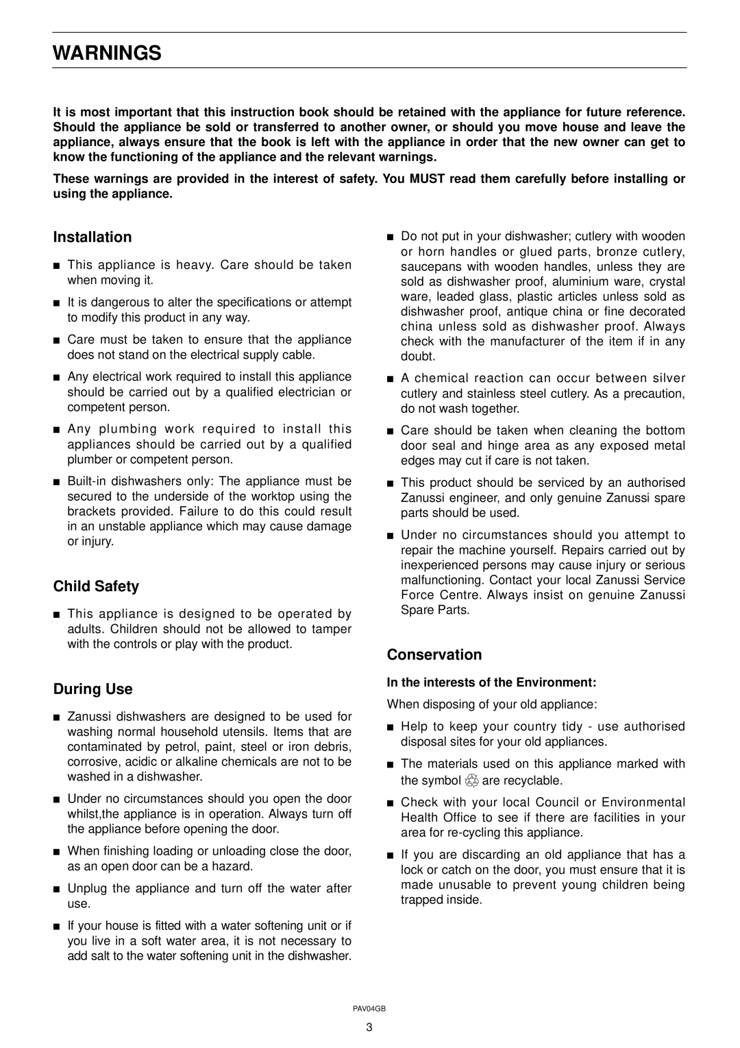 Zanussi DW 911 manual Installation, Child Safety, During Use, Conservation, Interests of the Environment 