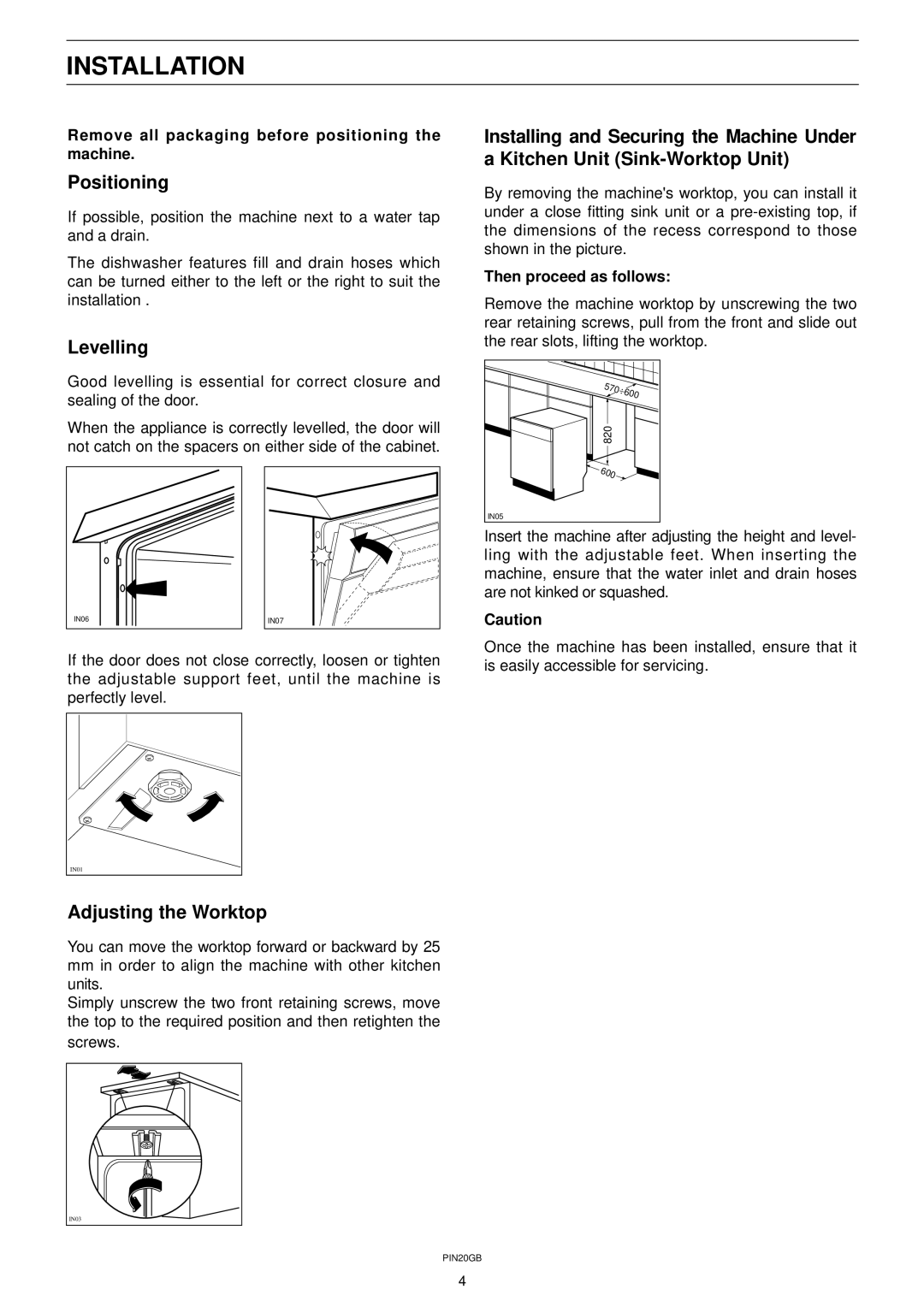 Zanussi DW 911 manual Installation, Positioning, Levelling, Adjusting the Worktop 