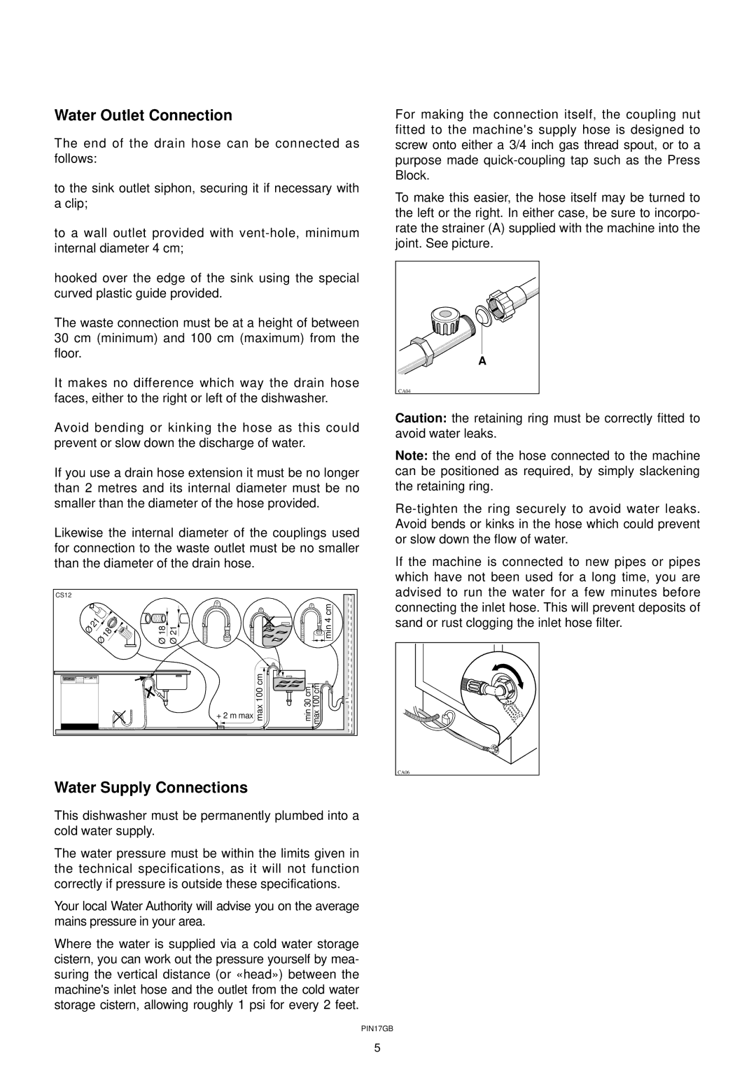 Zanussi DW 911 manual Water Outlet Connection, Water Supply Connections 