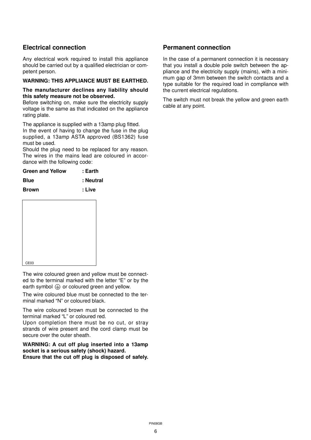 Zanussi DW 911 manual Electrical connection, Permanent connection, Green and Yellow Earth Blue Neutral Brown Live 