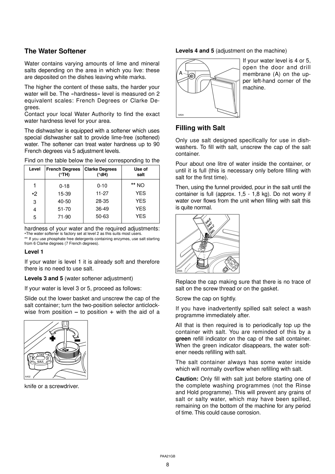 Zanussi DW 911 manual Water Softener, Filling with Salt, Level 