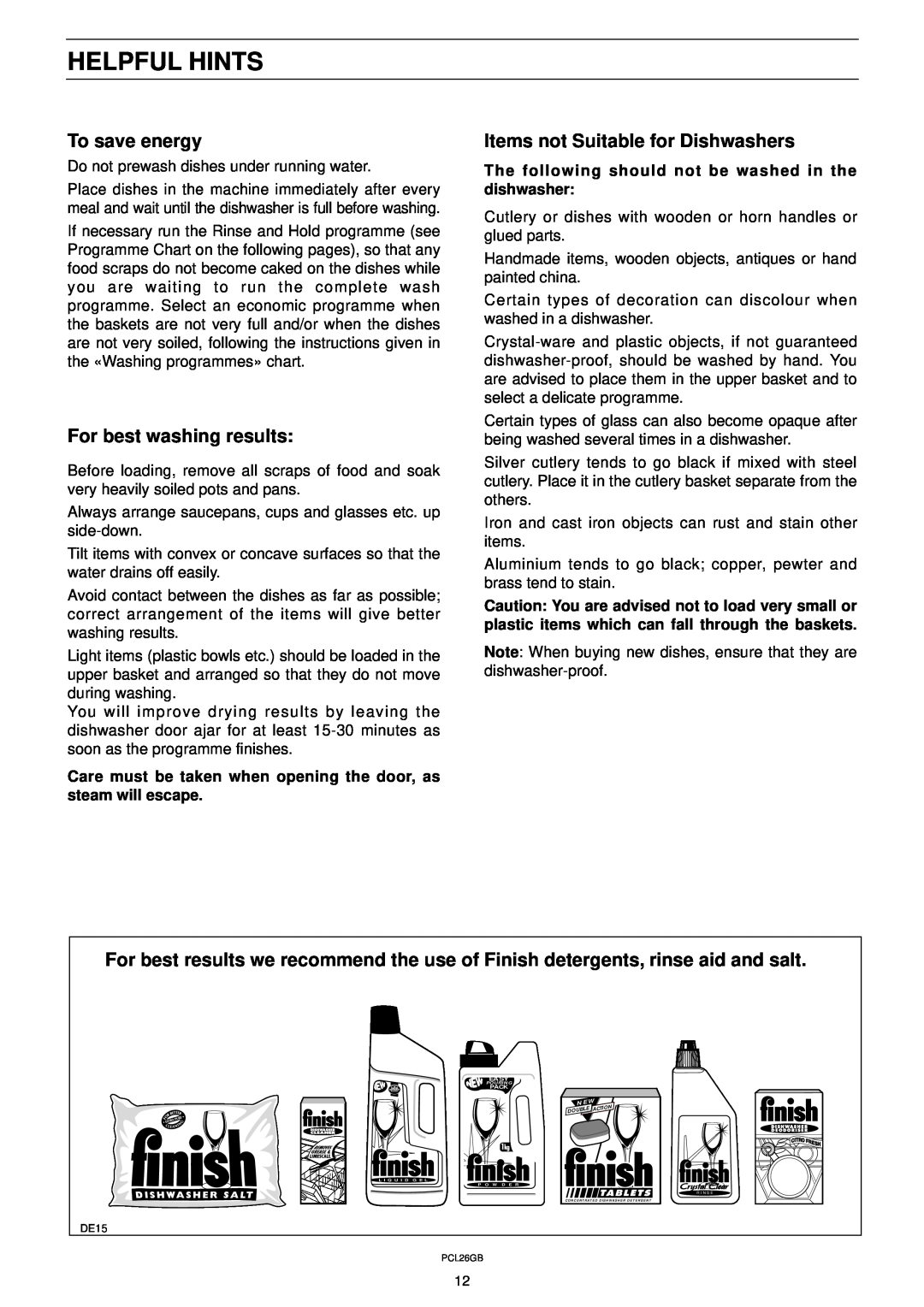 Zanussi DW 911 manual Helpful Hints, To save energy, For best washing results, Items not Suitable for Dishwashers 