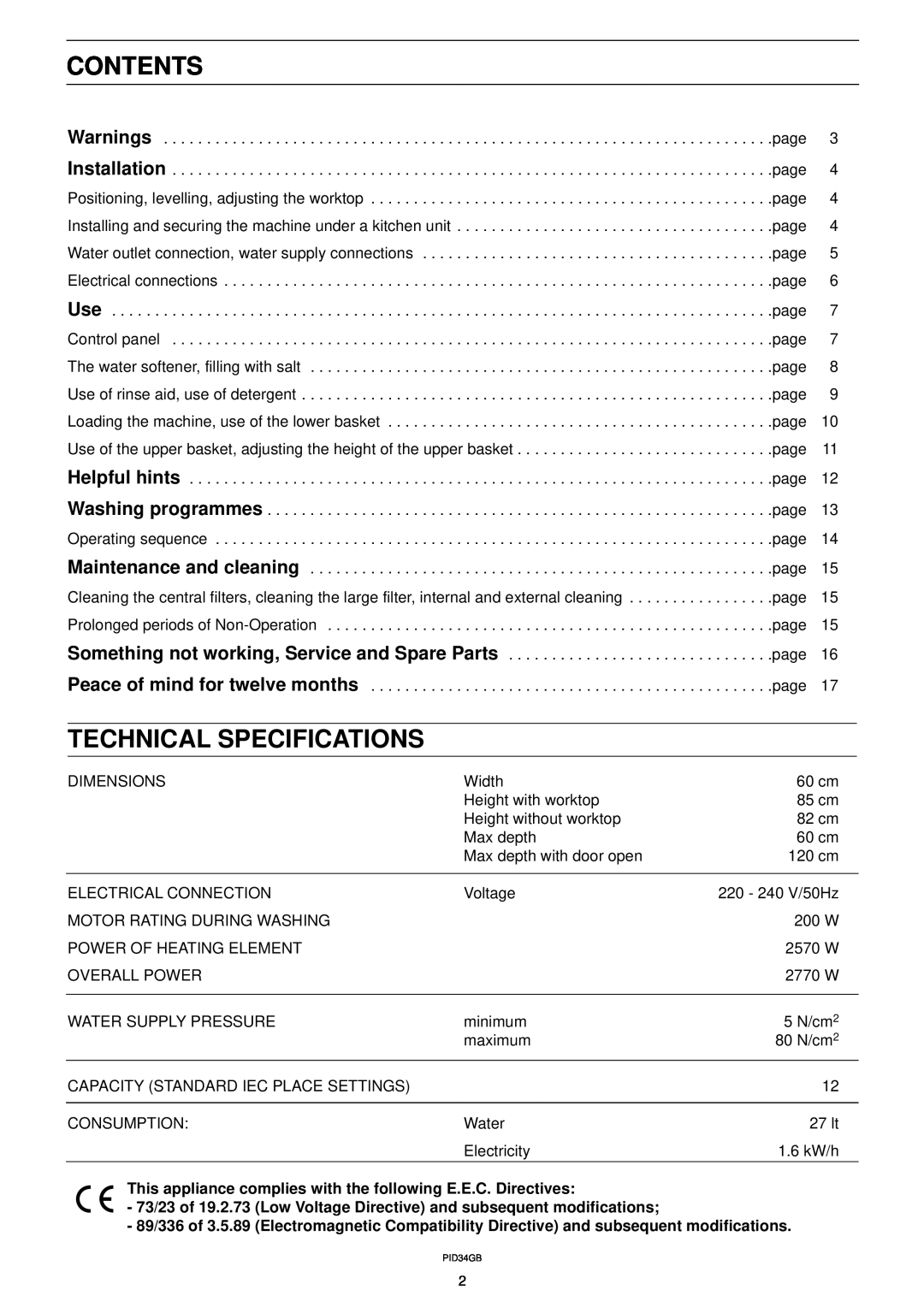 Zanussi DW 911 manual Contents, Technical Specifications, Peace of mind for twelve months 