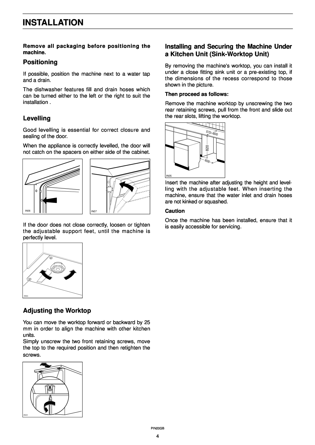 Zanussi DW 911 manual Installation, Positioning, Levelling, Adjusting the Worktop 
