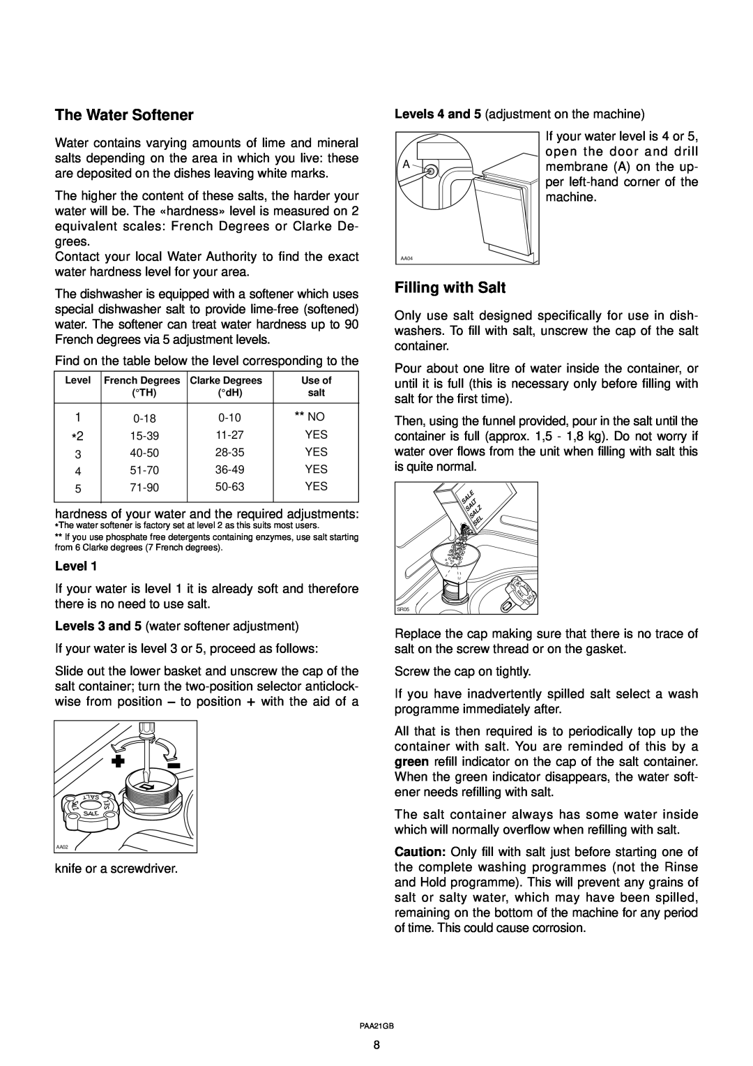 Zanussi DW 911 manual The Water Softener, Filling with Salt, Level 