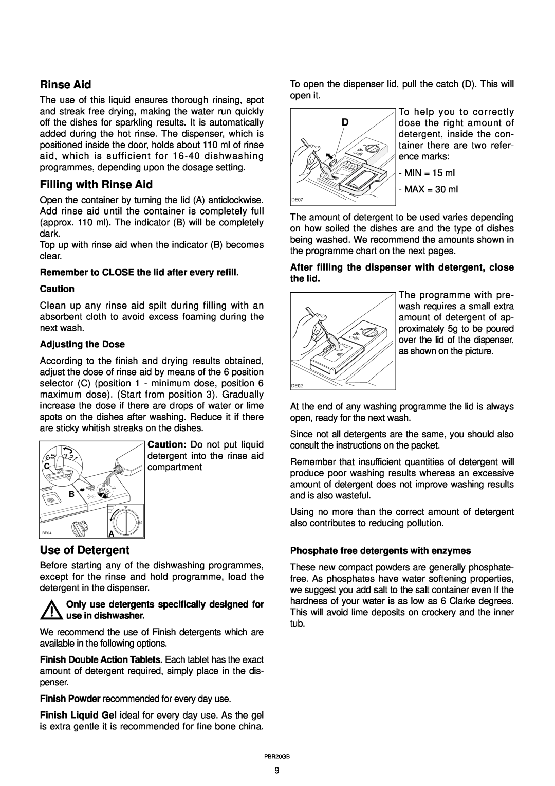 Zanussi DW 911 manual Filling with Rinse Aid, Use of Detergent 
