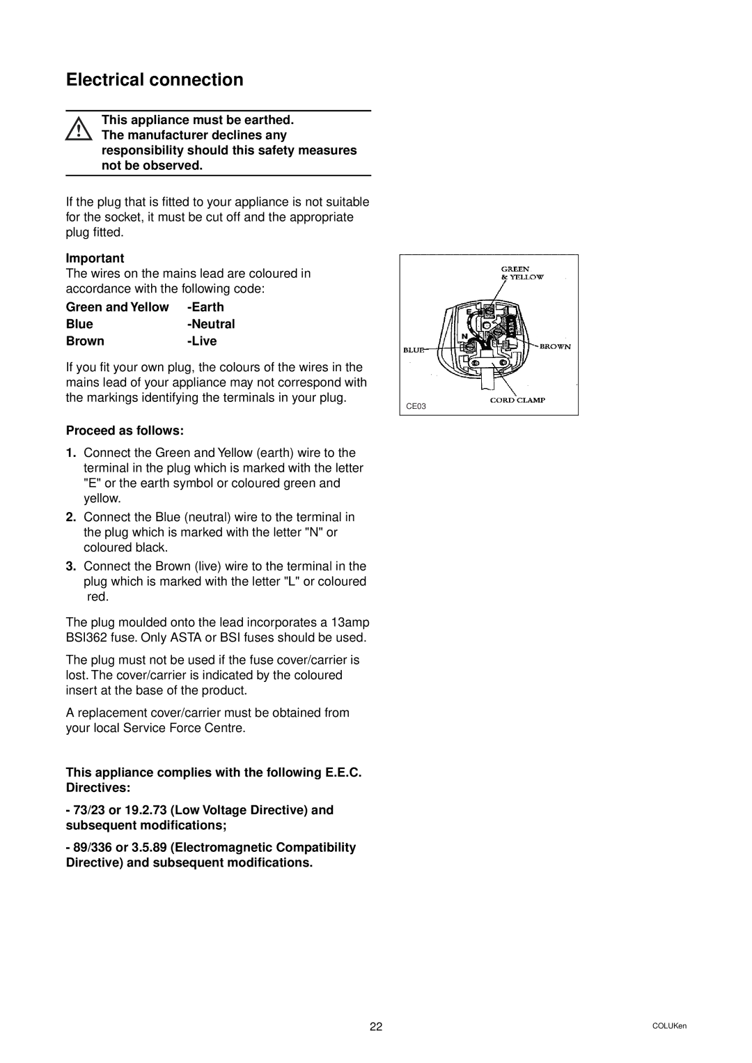 Zanussi DW 914 manual Electrical connection, Green and Yellow -Earth Blue-Neutral Brown-Live, Proceed as follows 