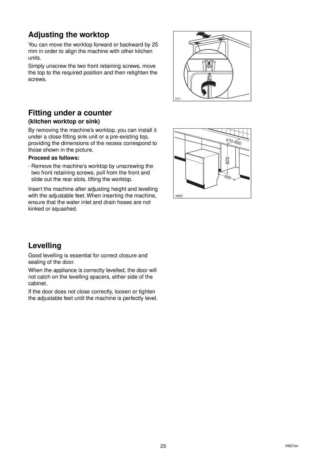 Zanussi DW 914 manual Adjusting the worktop, Fitting under a counter, Levelling 