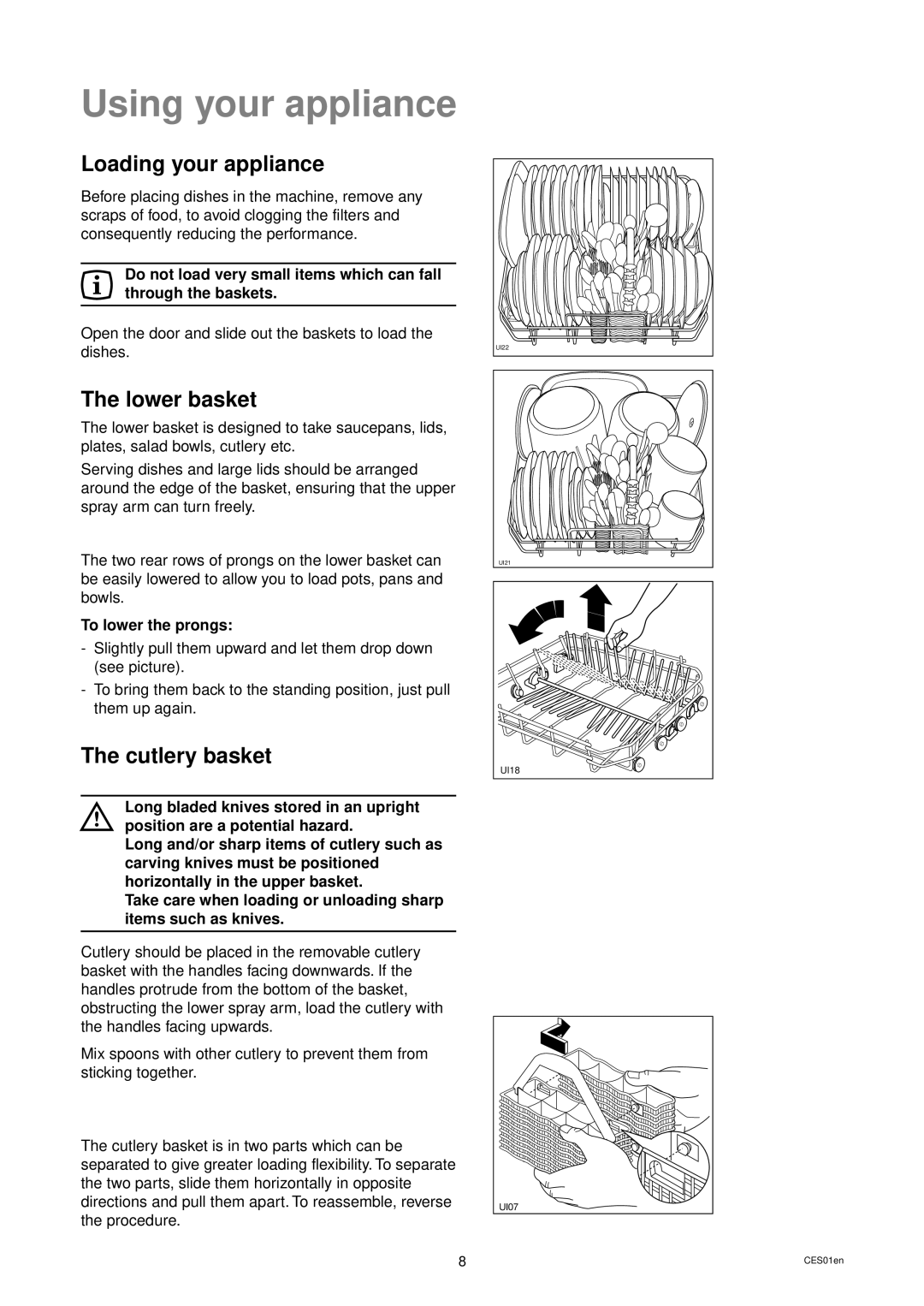 Zanussi DW 914 manual Using your appliance, Loading your appliance, Lower basket, Cutlery basket, To lower the prongs 