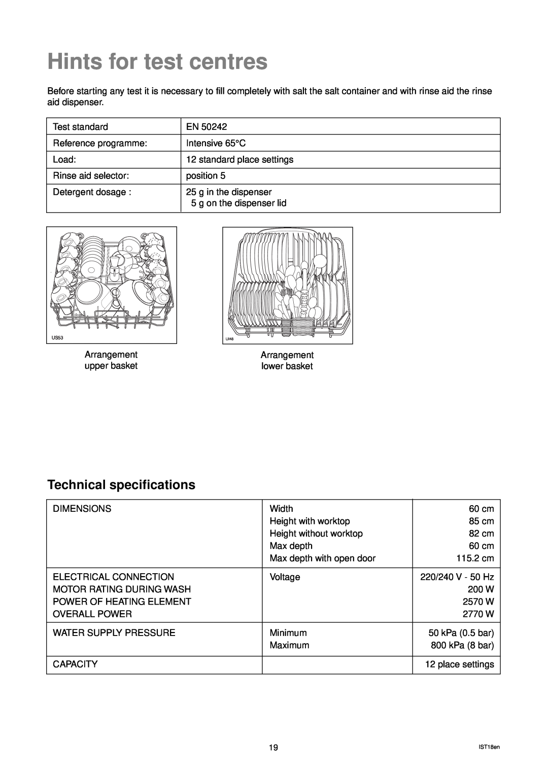 Zanussi DW 914 manual Hints for test centres, Technical specifications 