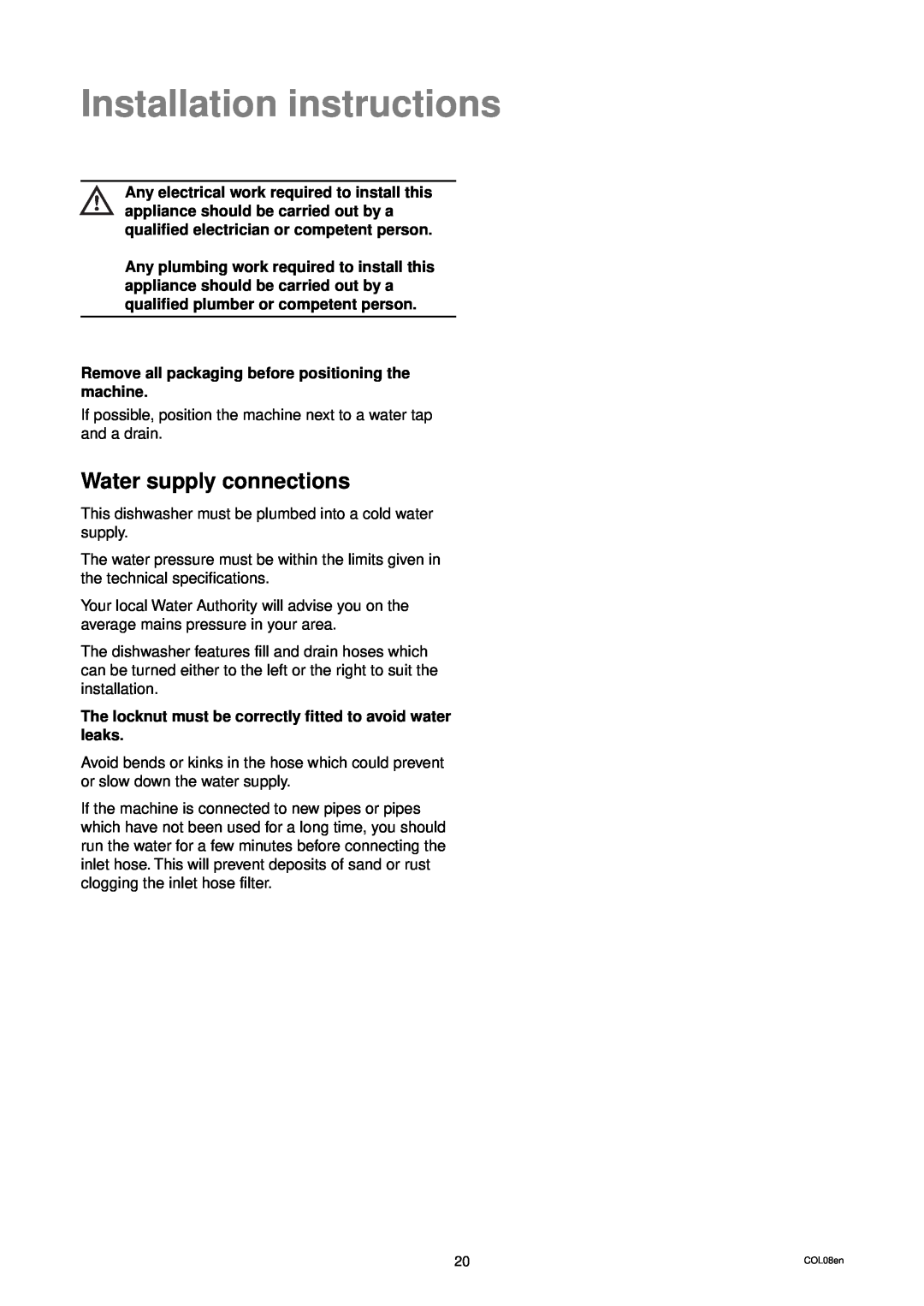 Zanussi DW 914 Installation instructions, Water supply connections, Remove all packaging before positioning the machine 