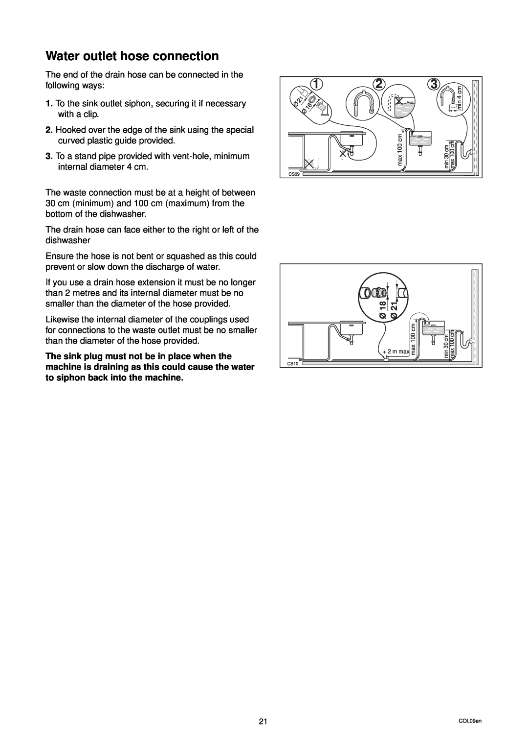 Zanussi DW 914 manual Water outlet hose connection 