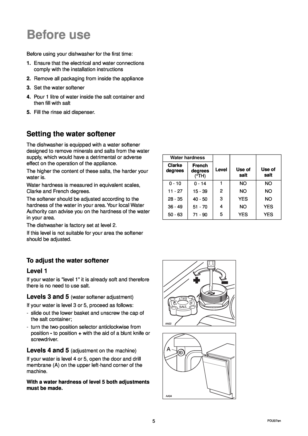 Zanussi DW 914 manual Before use, Setting the water softener, To adjust the water softener Level 