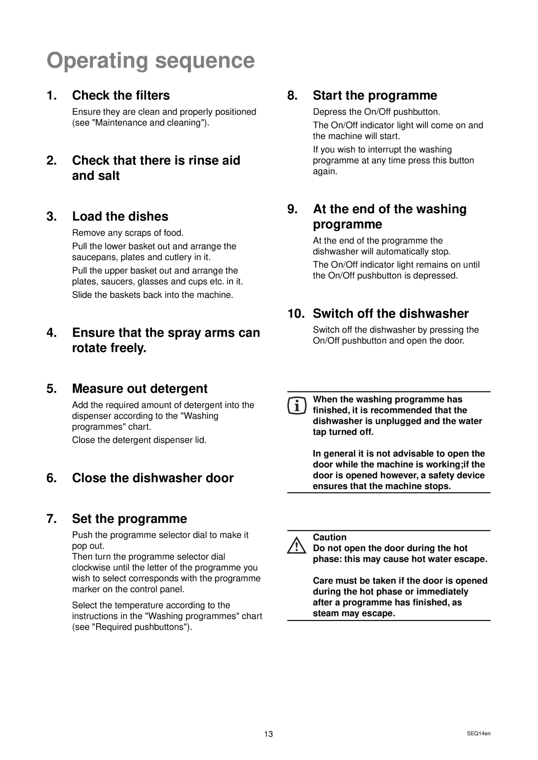 Zanussi DW 929 manual Operating sequence 