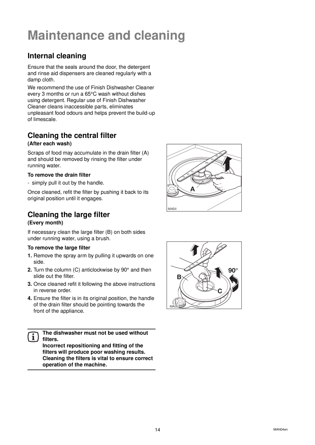 Zanussi DW 929 manual Maintenance and cleaning, Internal cleaning, Cleaning the central filter, Cleaning the large filter 