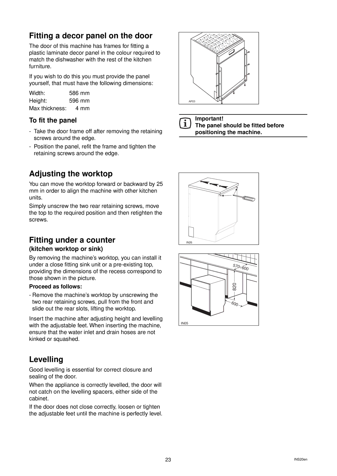 Zanussi DW 929 manual Fitting a decor panel on the door, Adjusting the worktop, Fitting under a counter, Levelling 