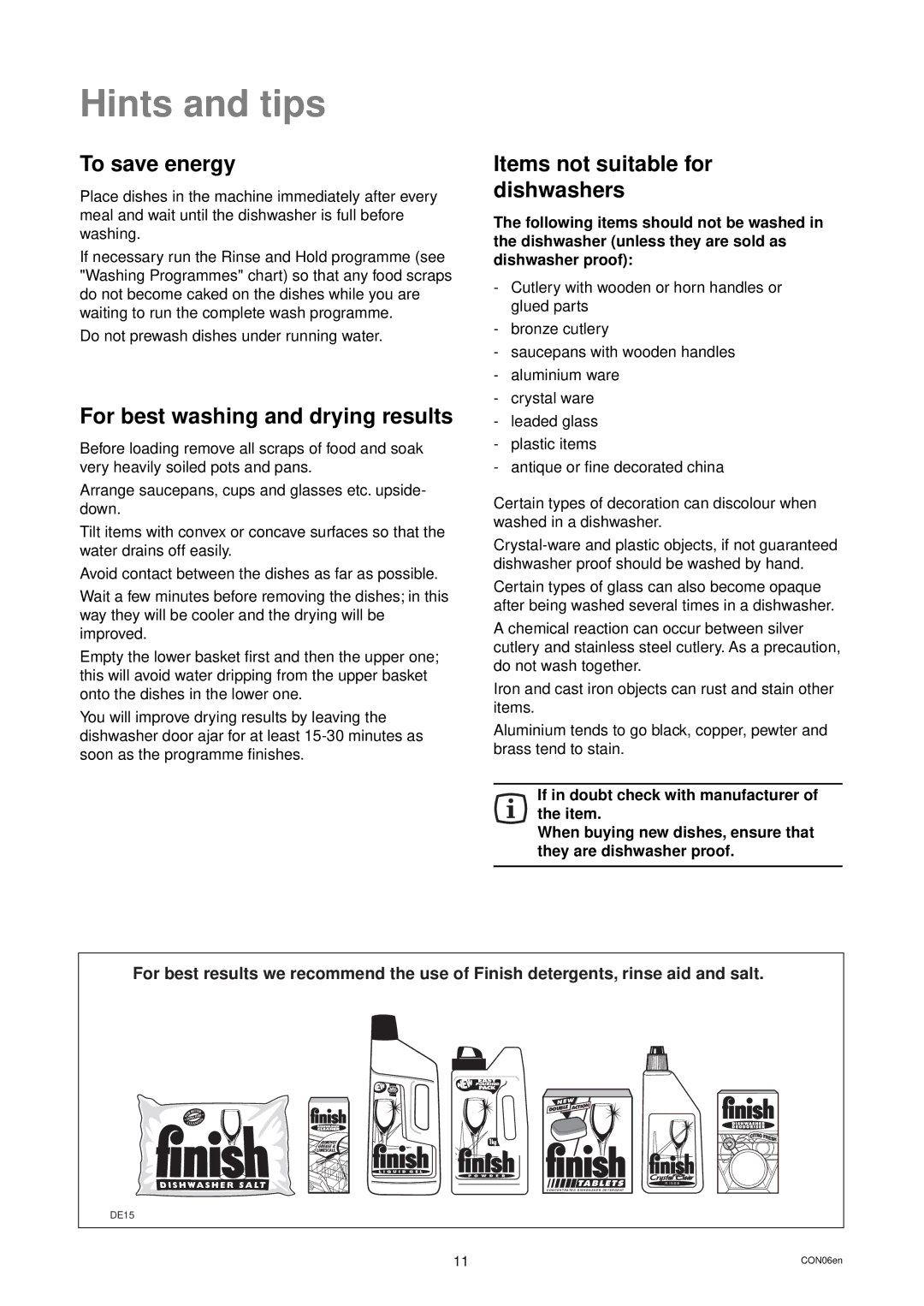 Zanussi DWS 39 Hints and tips, To save energy, For best washing and drying results, Items not suitable for dishwashers 