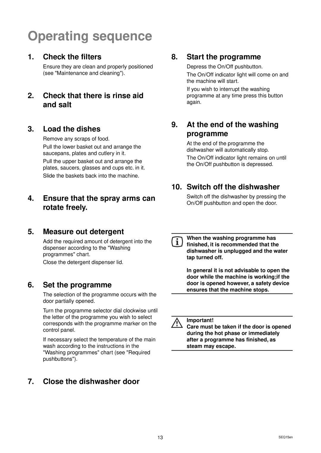 Zanussi DWS 39 manual Operating sequence 