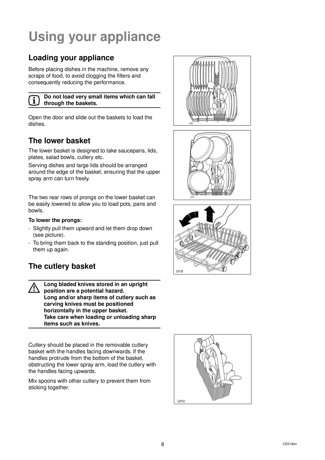 Zanussi DWS 39 manual Using your appliance, Loading your appliance, Lower basket, Cutlery basket, To lower the prongs 