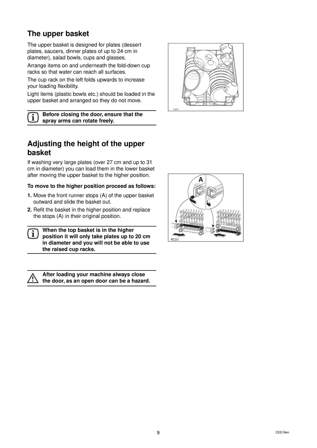 Zanussi DWS 39 Upper basket, Adjusting the height of the upper basket, To move to the higher position proceed as follows 