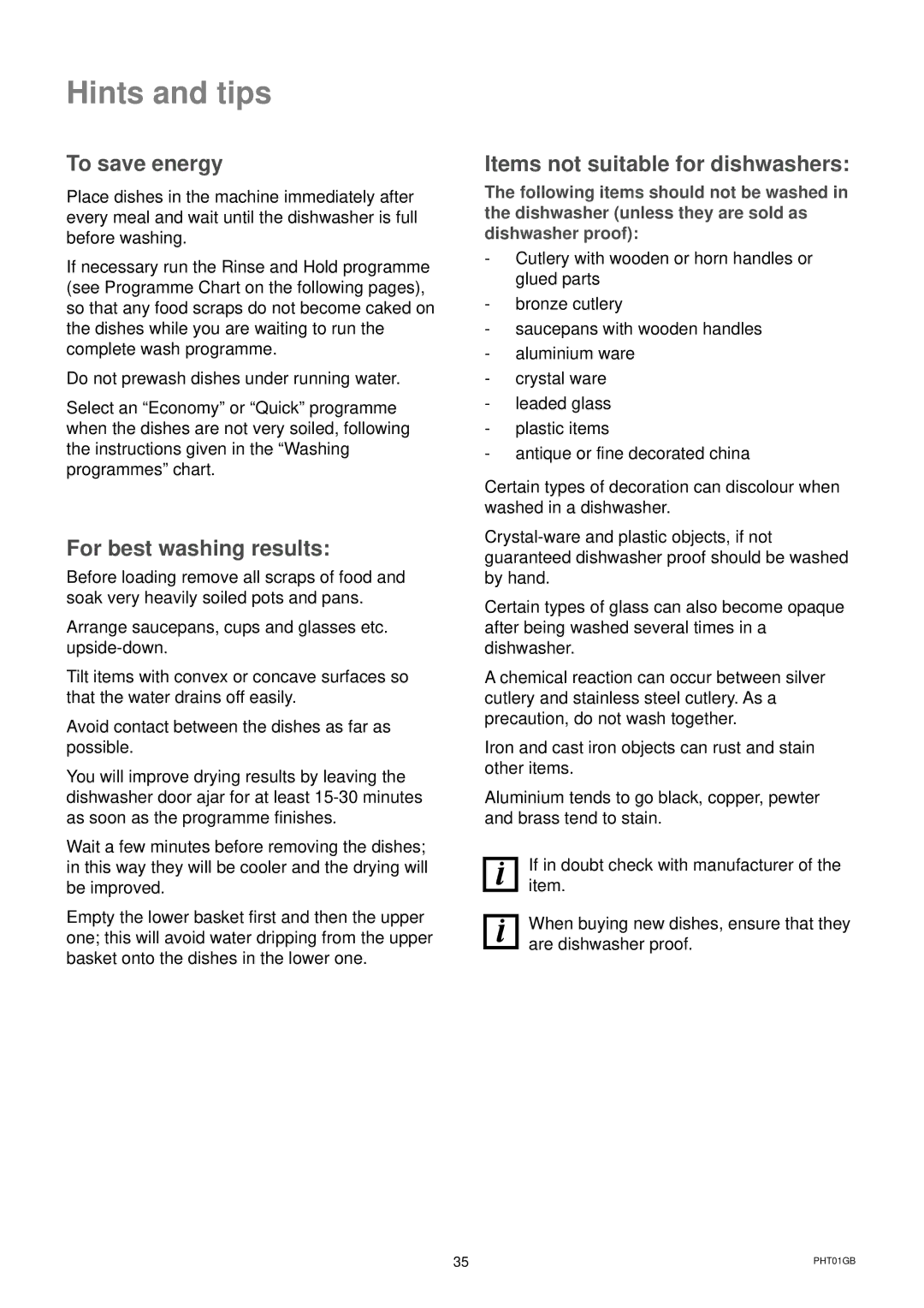 Zanussi DWS 6726 manual Hints and tips, To save energy, For best washing results, Items not suitable for dishwashers 