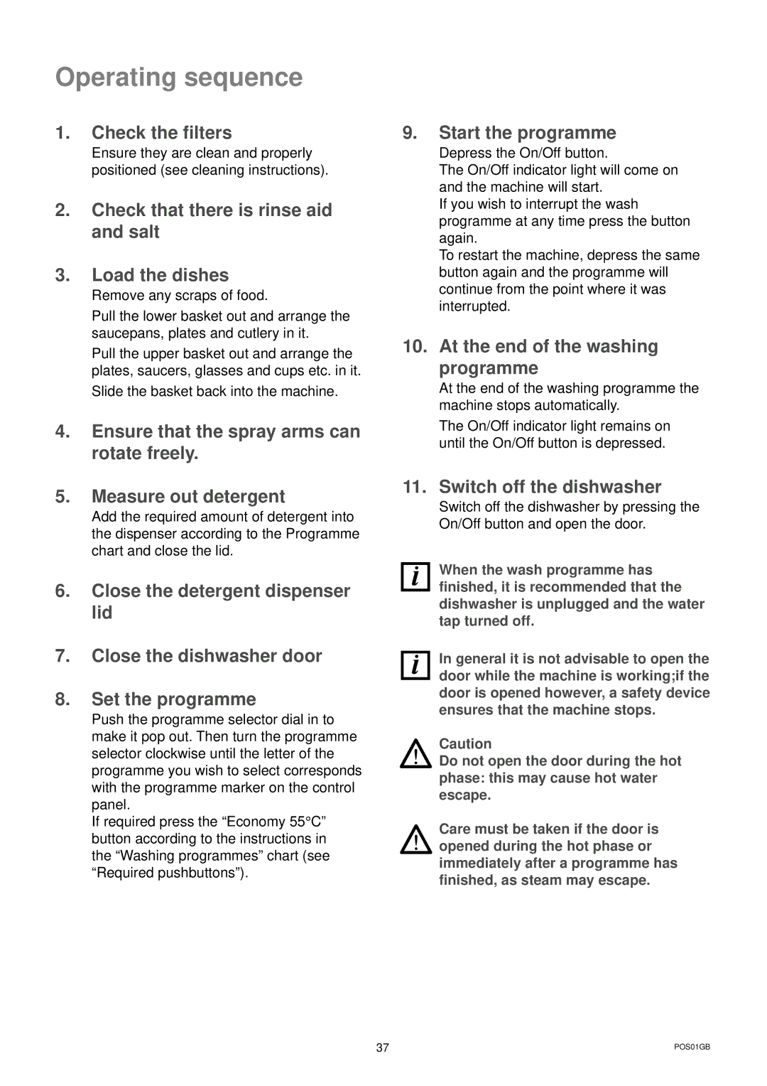 Zanussi DWS 6726 manual Operating sequence 