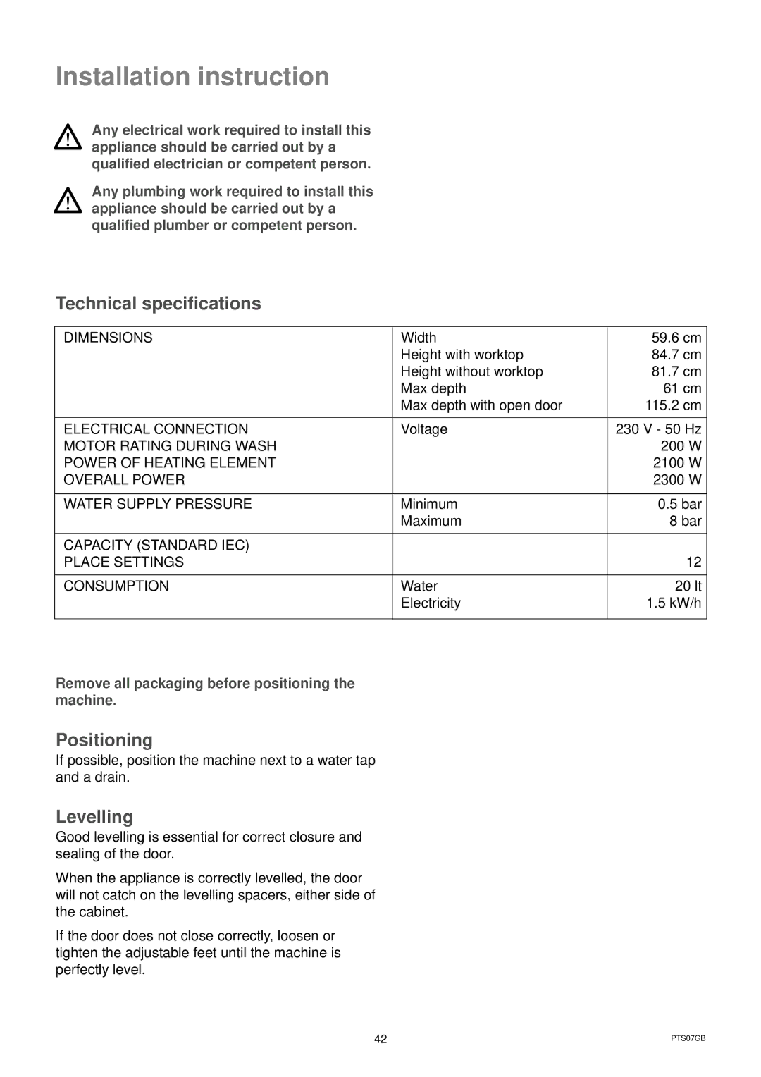 Zanussi DWS 6726 manual Installation instruction, Technical specifications, Positioning, Levelling 