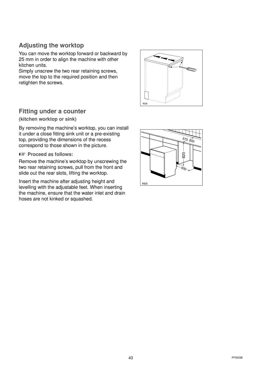 Zanussi DWS 6726 manual Adjusting the worktop, Fitting under a counter, Kitchen worktop or sink, Proceed as follows 