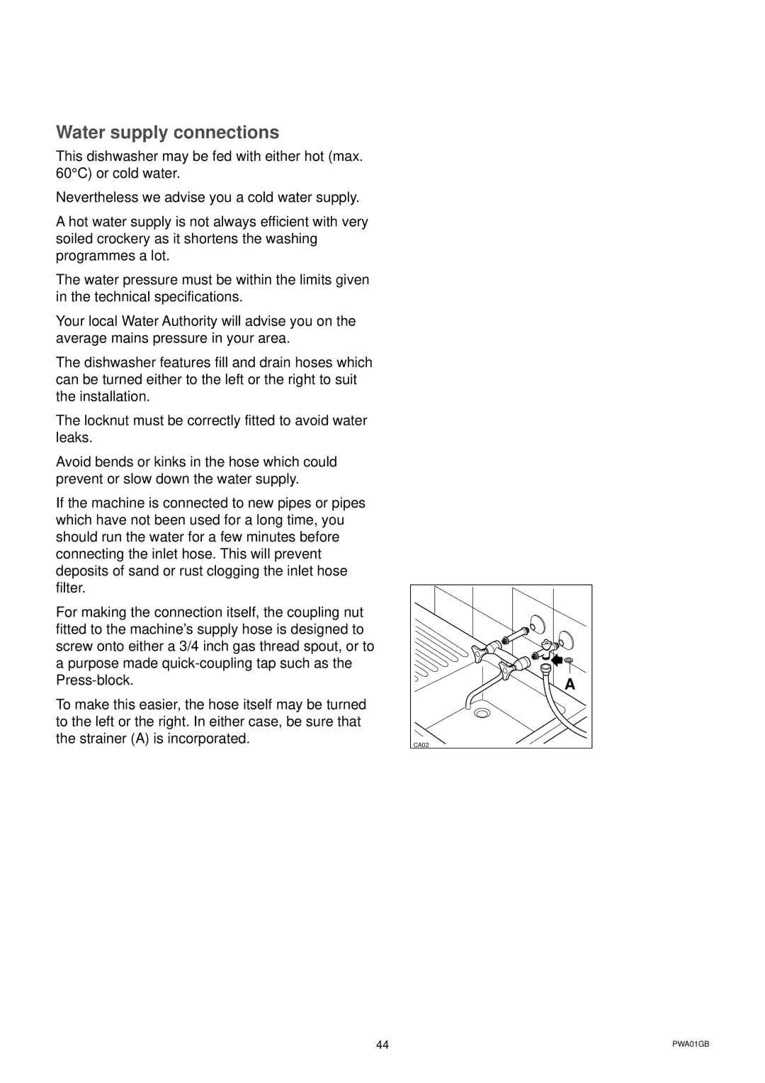 Zanussi DWS 6726 manual Water supply connections 