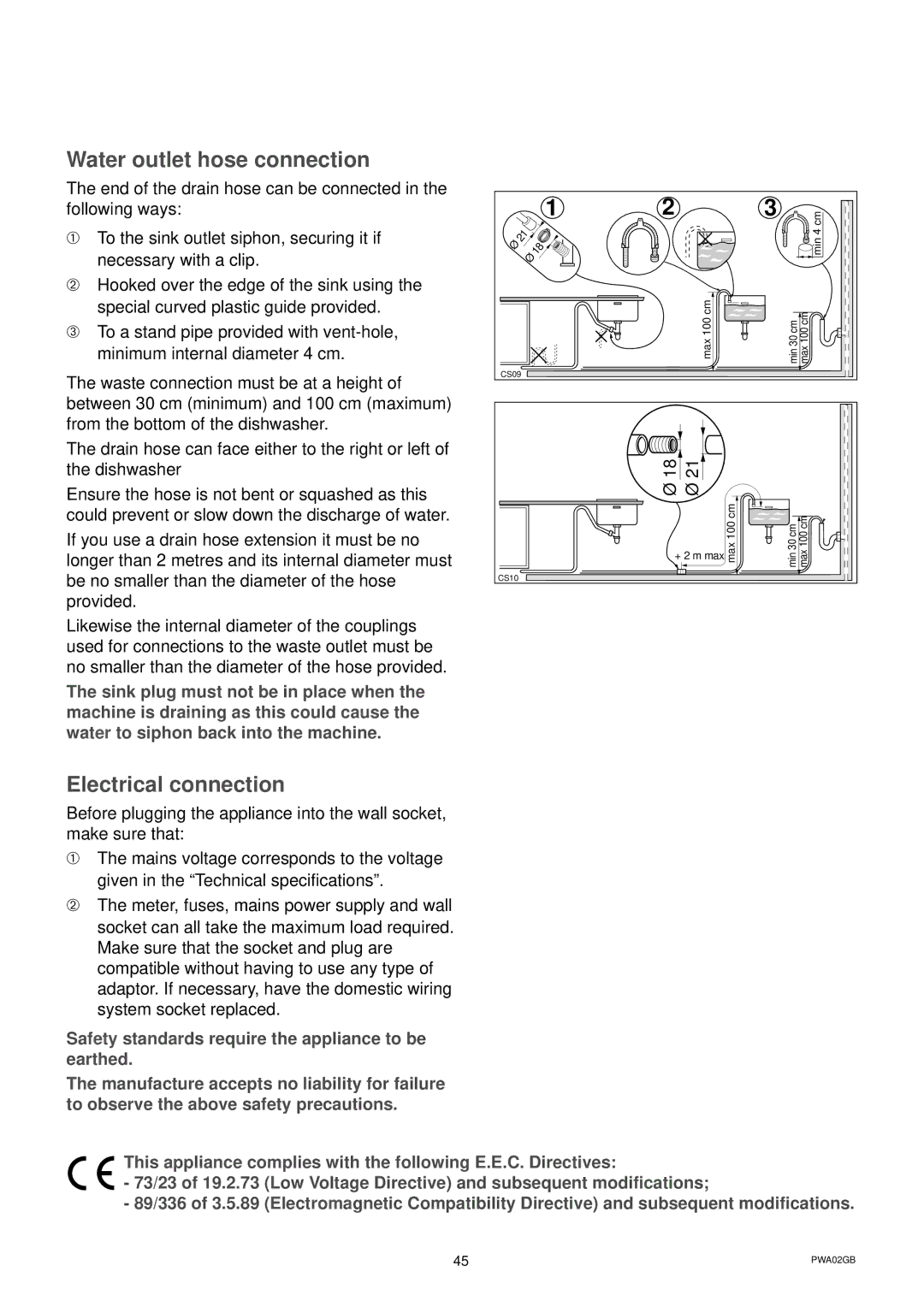 Zanussi DWS 6726 manual Water outlet hose connection, Electrical connection 