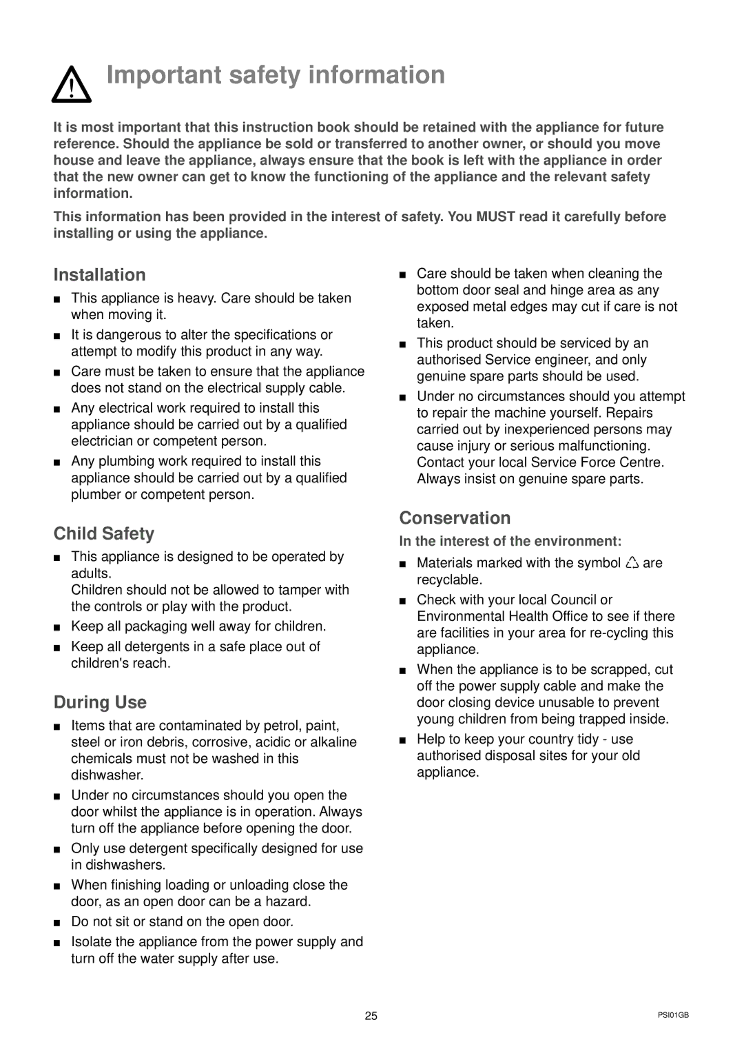 Zanussi DWS 6726 manual Important safety information, Installation, Child Safety, During Use, Conservation 