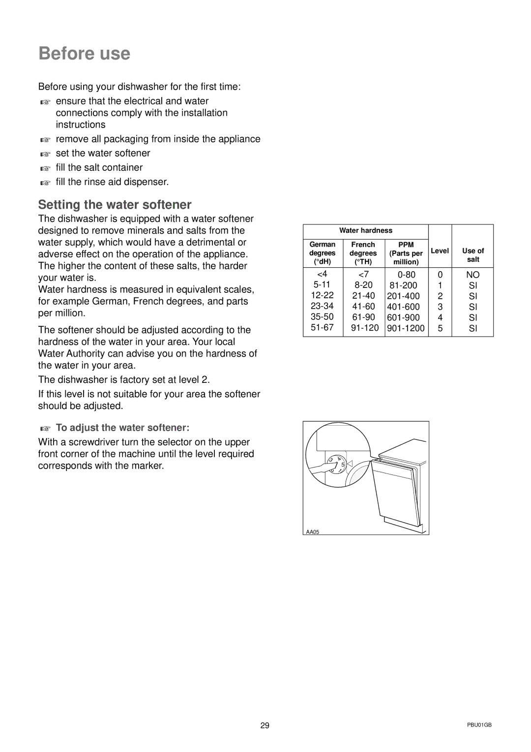 Zanussi DWS 6726 manual Before use, Setting the water softener, To adjust the water softener 