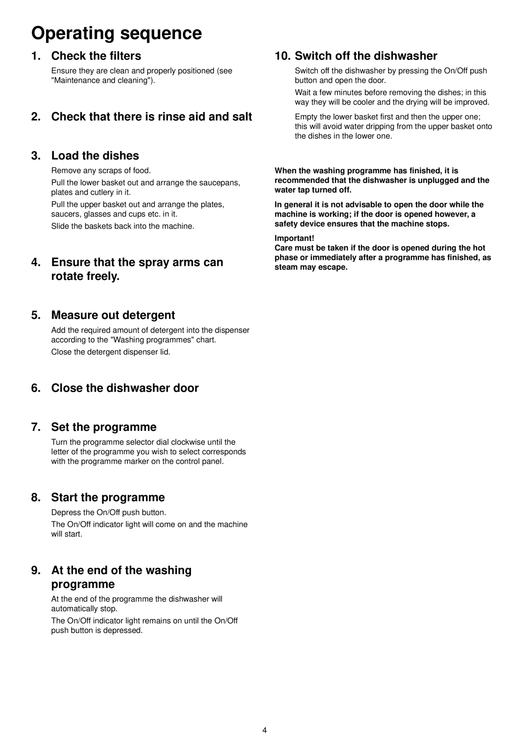 Zanussi DWS 909 manual Operating sequence 