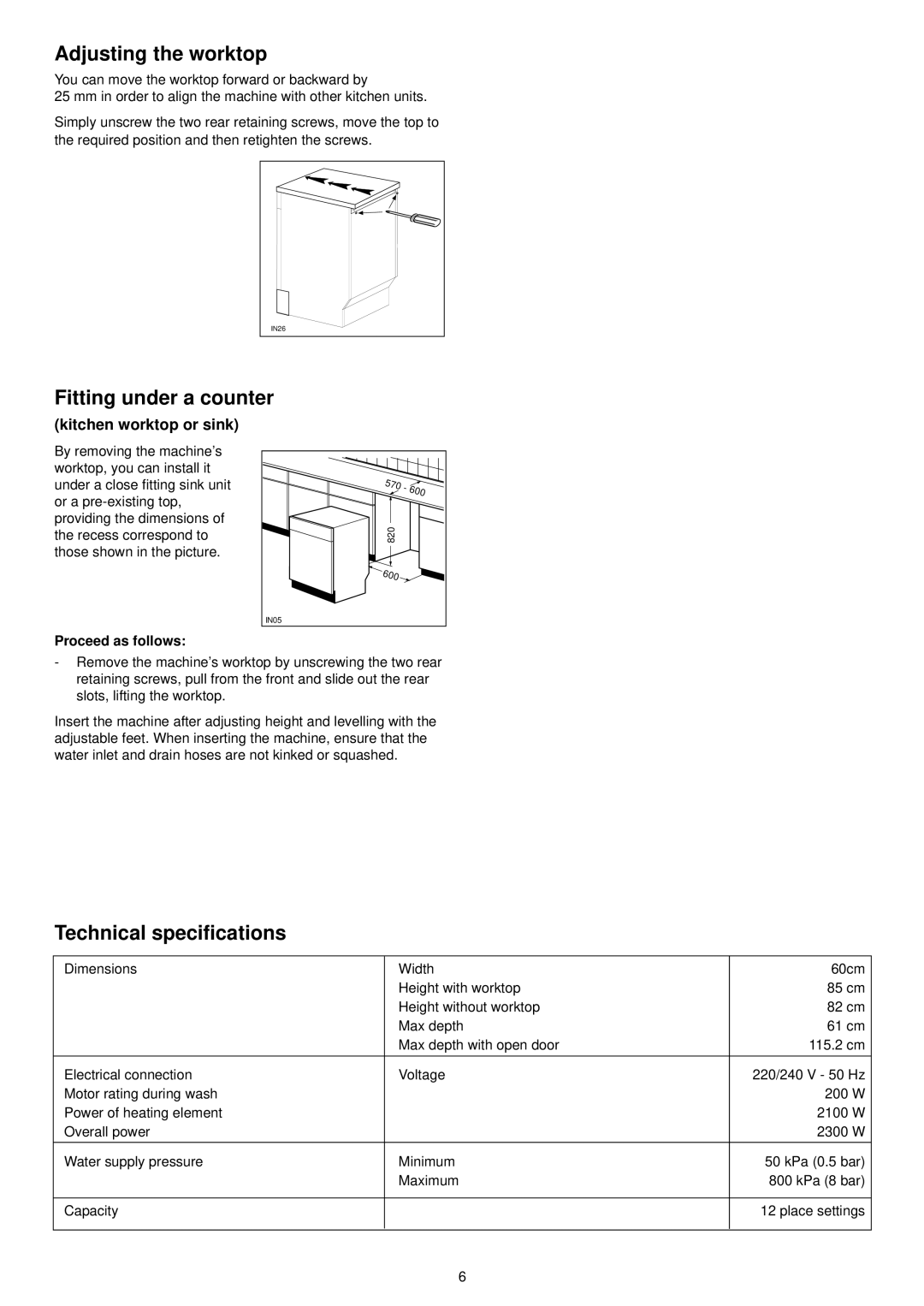 Zanussi DWS 909 manual Adjusting the worktop, Fitting under a counter, Technical specifications, Proceed as follows 