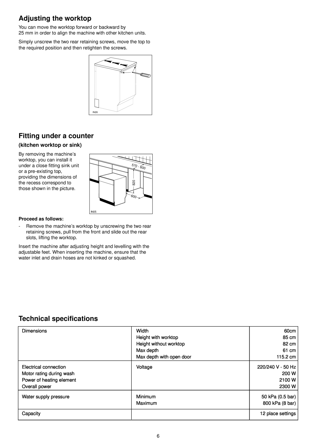 Zanussi DWS 909 manual Adjusting the worktop, Fitting under a counter, Technical specifications, kitchen worktop or sink 