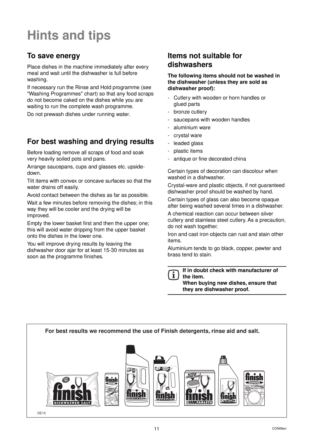 Zanussi DWS 919 Hints and tips, To save energy, For best washing and drying results, Items not suitable for dishwashers 