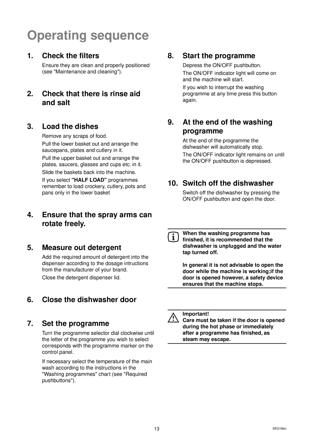 Zanussi DWS 919 manual Operating sequence 