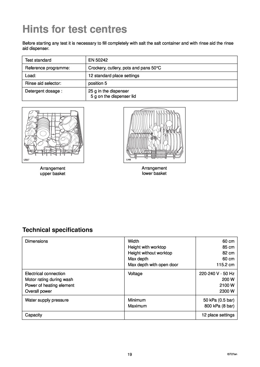 Zanussi DWS 919 manual Hints for test centres, Technical specifications 