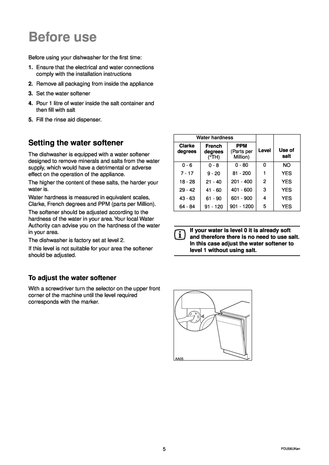 Zanussi DWS 919 manual Before use, Setting the water softener, To adjust the water softener 